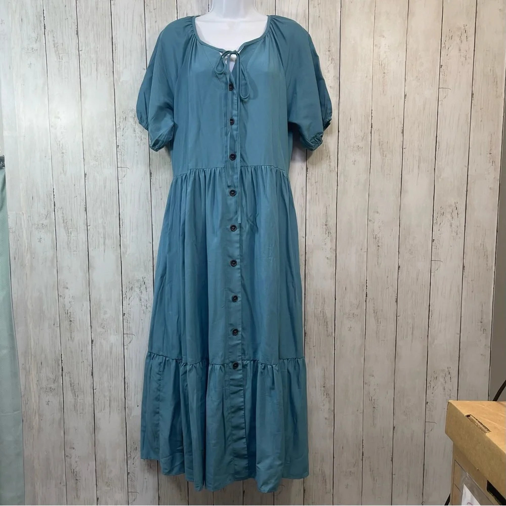 AMKOYAM Women's Puff Sleeve Tie Neck Swing Button Down Ruffle Maxi Dress Medium